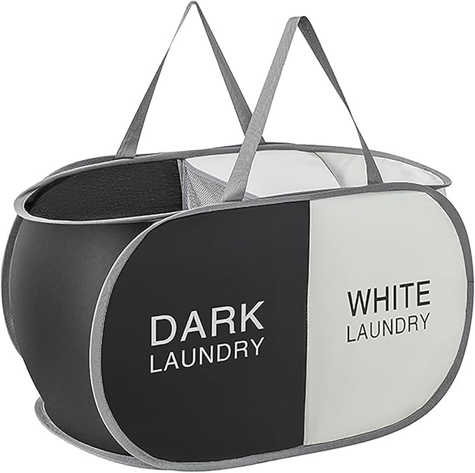 Pop Up Laundry Hamper 2 Section, Collapsible Laundry Basket with Carry Handles for Home, Laundry Room, Bedroom, Dorm, RV Travel (Black & Beige - 2 Compartments)