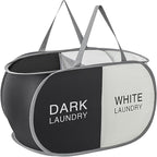 Pop Up Laundry Hamper 2 Section, Collapsible Laundry Basket with Carry Handles for Home, Laundry Room, Bedroom, Dorm, RV Travel (Black & Beige - 2 Compartments)