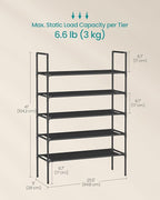 SONGMICS 5-Tier Shoe Rack, Shoe Storage for Hallway Closet, Slim and Space-Saving, Metal Frame, Non-Woven Fabric Shelves, Black ULSH045BH02