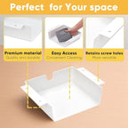 4 Pack Under Desk Hanging Shelf Drawer Organizer, Attachable Plastic Hidden Storage Tray, Easy Adhesive Mount Holder for Standing Tables, Office, Counters, Cabinets, Workstations - White