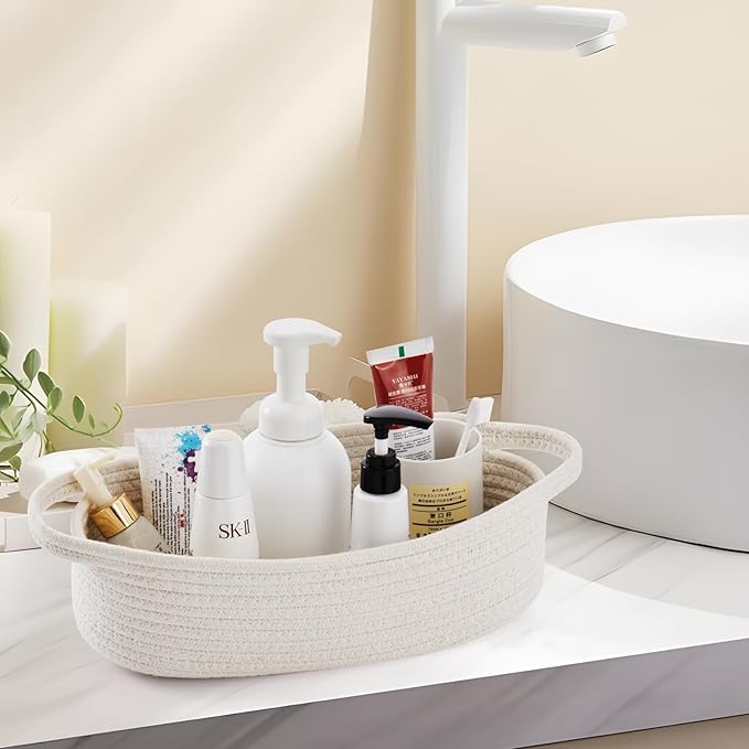 Small Toilet Paper Basket Woven Rope Toilet Tank Tray Back of Washroom Basket Organizer for Bathroom,Shelf Bedroom, Living Room, Nursery, RV. 12.6"L x 6"W,White