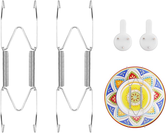 2 Pack Plate Hangers for Wall, Suitable for 6-8 inch Art Plate, Stainless Steel Invisible Heavy-Duty Wire Plate Holder with Wall Hooks, Display Hanger for Decorative Plates/Dishes/Platters(Silver)