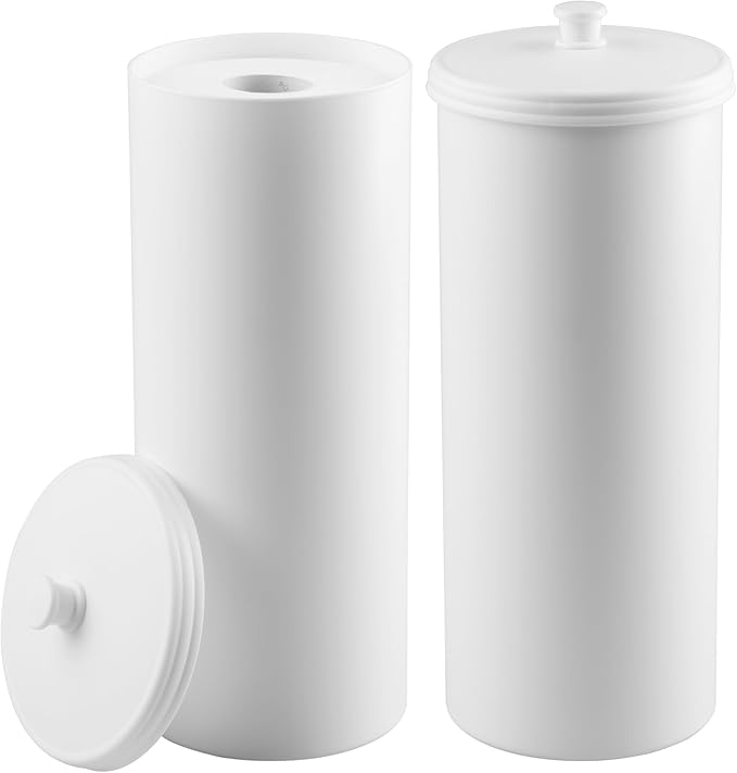 iDesign Freestanding Bathroom Toilet Paper Storage Holder with Lid for 3 Extra Rolls, 2-Pack, White