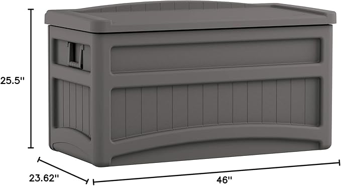 Suncast Outdoor Storage Box - 73 Gallon Stoney Resin Deck Box with Wheels, Handles, and Seat, Heavy-Duty Indoor/Outdoor Storage Bench for Patio Cushions, Shoes, Pool & Garden Gear