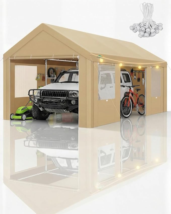 COBIZI 12x20 FT Heavy Duty Carport with Galvanized Frame, Carport Canopy with Roll-up Windows, Storage Tent with Removable Sidewalls & Doors, Built-in Sandbags for Car Boat Truck, Khaki