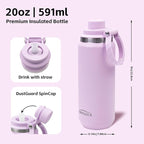 Greylock 20 oz Insulated Water Bottle with Straw Lid, Reusable Stainless Steel Sports Water Bottles with Foldable Handle, Leak Proof, Double-Wall Vacuum Insulation, 24 Hours Cold (Lilac)