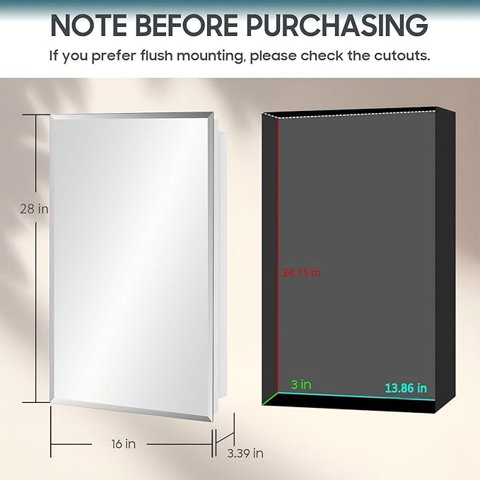 Plastic Bathroom Medicine Cabinet Mirror 16x28 inch, Recessed Medicine Cabinet or Surface Wall Mount Bathroom Cabinets with Adjustable Shelves, Beveled Edge Mirror Cabinet
