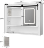 QUW 31" Farmhouse Bathroom Wall Cabinet, Bathroom Medicine Cabinets with Mirror, Over Toilet Wall Storage Cabinet, 3 Lighting Modes, Adjustable Brightness, Jewelry Holder, Sliding Door, White