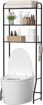 ASHLEYRIVER Over The Toilet Storage Rack, 3-Tier Storage Rack Toilet Adjustable Shelf Rack with Hooks & Roll Holder,Steel Black