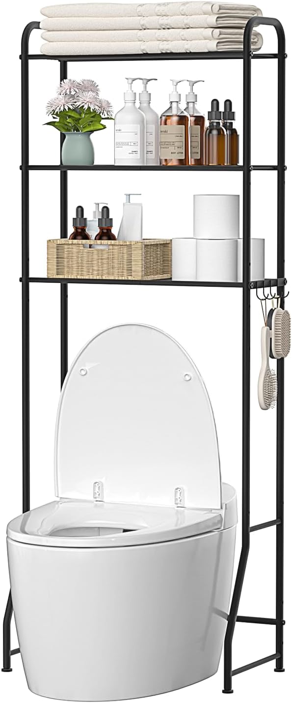 ASHLEYRIVER Over The Toilet Storage Rack, 3-Tier Storage Rack Toilet Adjustable Shelf Rack with Hooks & Roll Holder,Steel Black