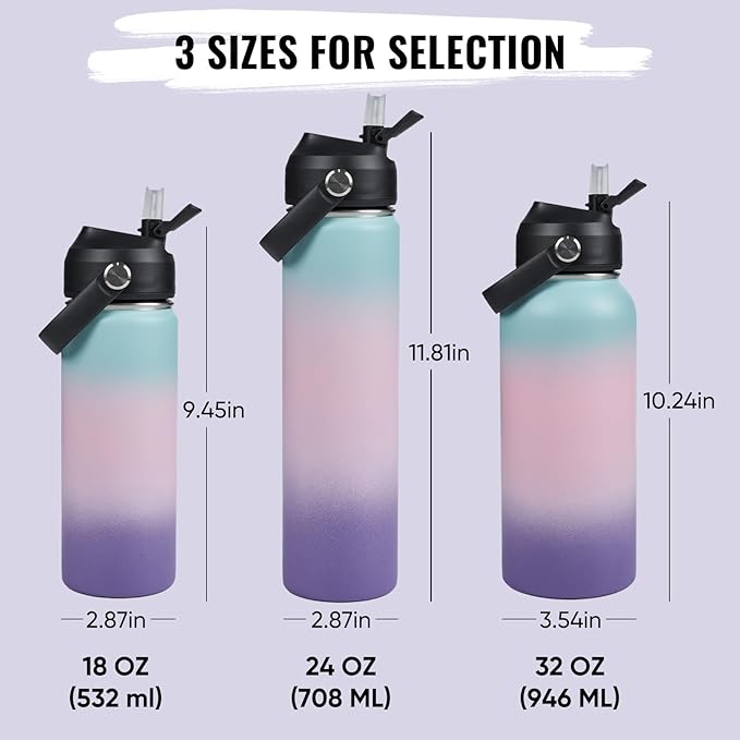 24oz Insulated Stainless Steel Water Bottle, Wide Mouth Double Wall Vacuum, Silicone Straw, Sweat & Leak Proof, BPA Free Insulated Water Flask for Travel, Keep Cold 24h Hot 12h, Pink