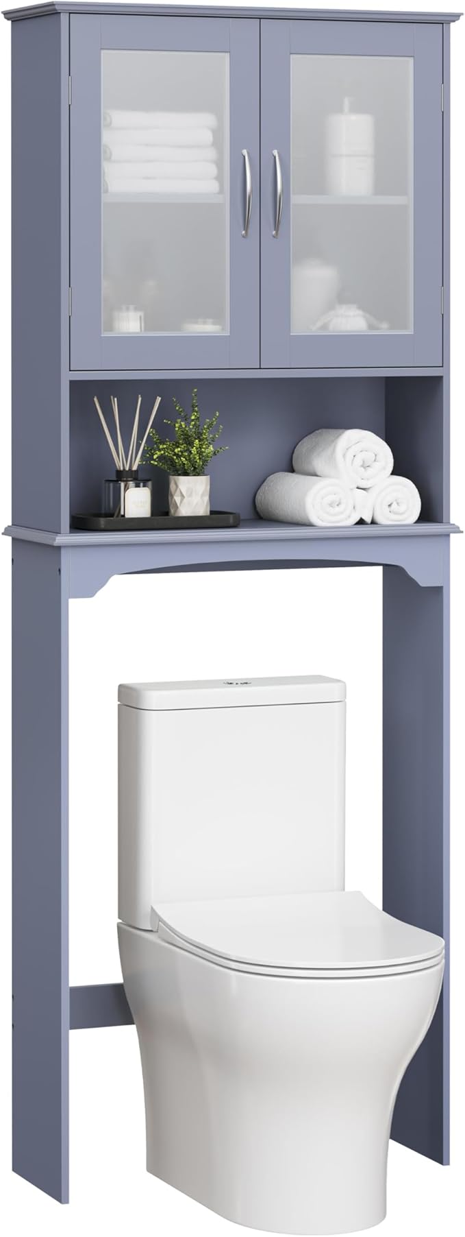 Yaheetech Over The Toilet Storage Cabinet, Free Standing Toilet Rack with Adjustable Shelves and Tempered Glass Doors for Bathroom Washroom, Grey