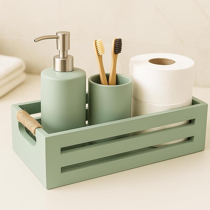 Toilet Paper Storage Box with Handles, Wooden Wicker Toilet Tank Basket, Bathroom Basket Organizer for Countertop, Decorative Wicker Bins for Bathroom or Guest Room-Green