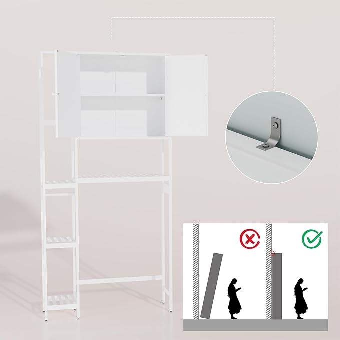 Bamboo Over The Toilet Storage, Above Toilet Organizer Storage Shelf, Tall Freestanding Behind Toilet Rack, Tiered Bathroom Space Saver Shelving, Easy Assembly (White)