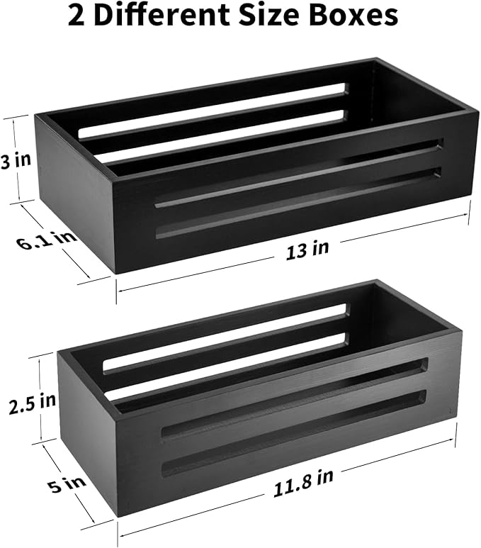 Bathroom Decor Box,Wooden Toilet Tank Topper Basket Tray,Back of Toilet Basket for Paper Storage Bathroom Counter Organizer (Black, Set of 2 Pieces)