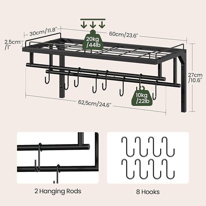 Hanging Pot Rack, Wall-Mounted Pot Rack, Kitchen Cookware Organizer, Metal Pot and pan Organizer Holder, for Cookware, Utensils Organization, Black TPR37BB