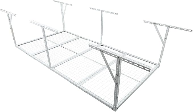 Overhead Garage Storage Rack 3x8FT, Heavy Duty Ceiling Mounted Organizer, Adjustable Height 22-40 Inch, 600 Lbs Capacity Metal Shelf for Home Organization, White