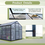 Outdoor Polycarbonate Greenhouse with Aluminum Frame, Walk-in Garden Green House Featuring Lockable Door, Adjustable Roof Vent, and UV-Protected Panels for Backyard or Patio Use (6x12 FT)