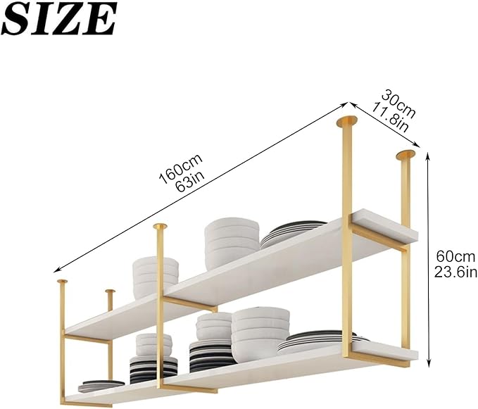 Ceiling Shelf, Floating Shelves Kitchen Storage Wine Rack, Industrial Ceiling Mount Shelf 2 layer, Wine bottle, Wine Glass, Dish Storage Rack, for Restaurant, Bar, Kitchen (63×11.8×23.6in,Black)