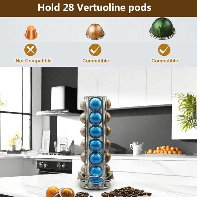 Miuly Coffee Capsule Holder For Nespresso Vertuoline, Coffee Capsule Stands Rotating Pod Rack holds 28 Nespresso Vertuo Pods, Silver