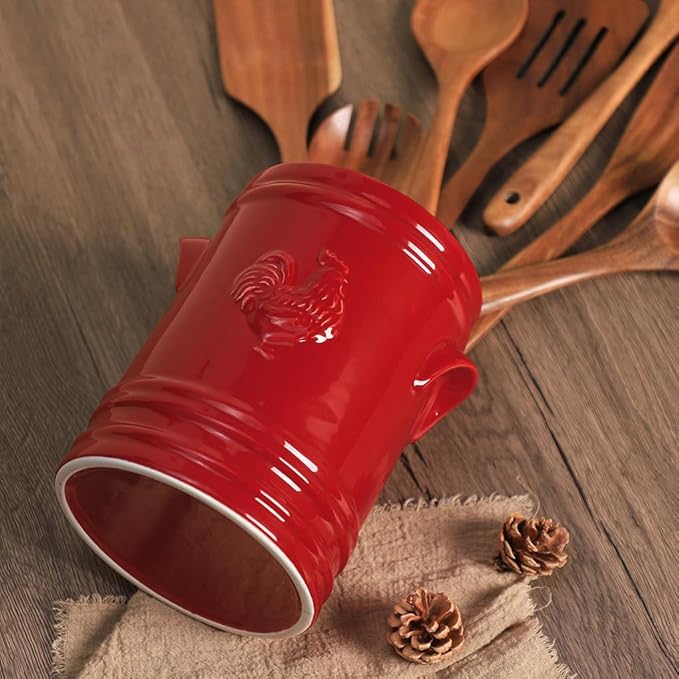 WAIT FLY Embossed Rooster Porcelain Kitchen Utensil Holder Flatware Storage Organizer Utensil Crock for Countertop Kitchen Counter Decor-Red-1 PCS