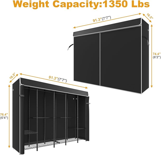 H50C Extra Large Clothes Rack with Cover, Freestanding Portable Closet, Covered Clothing Racks for Hanging Clothes, Heavy Duty Garment Rack, Wardrobe Closet with Black Cover Max Load 1350 Lbs