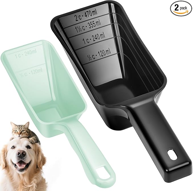 2 Pack Dog Food Scoop with 1 Cup and 2 Cup Capacity, Plastic Pet Food Measuring Scoops with Clear Measurement Lines for Dogs, Cats & More,Dishwasher safe (Green and Black)