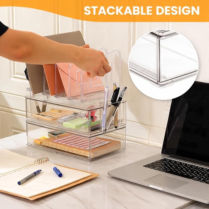 Acrylic Desk Organizer with Drawer, Office Supplies,Organization Storage, 2 PC Drawer Organizer with 4 File Sorter, Desk Organizers and Accessories, Clear Acrylic File Organizer