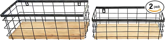 Metal Wire Basket Detachable Wood Base Storage Organizer Farmhouse Hanging Basket for Kitchen Cabinets, Bathroom, Pantry, Laundry Room Set of 2,Black Color