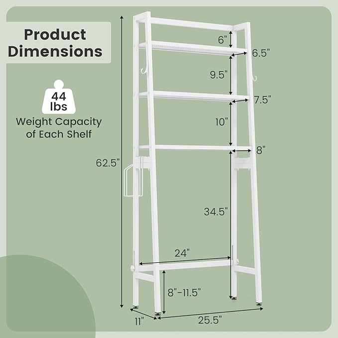 Tangkula Over-The-Toilet Storage Rack, 3-Tier Freestanding Bathroom Space Saver Shelf w/ 2 Hanging Hooks & Toilet Paper Holder, Metal Above Toilet Storage Rack for Bathroom Laundry (White, 62.5”H)