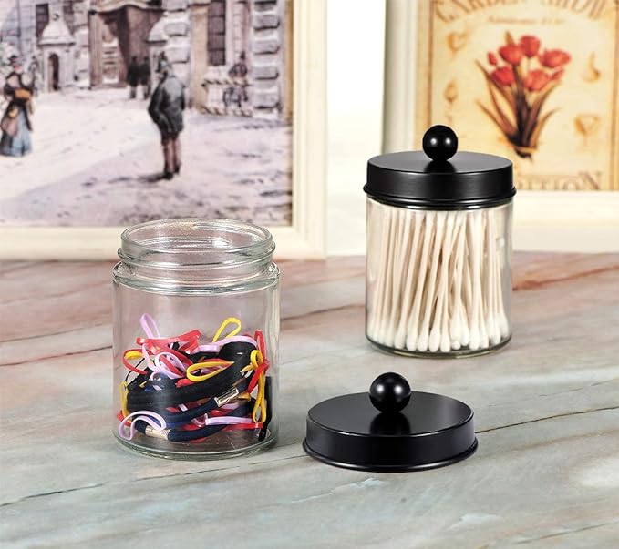 Amolliar 4 Pack Apothecary Jars Bathroom Vanity Storage Organizer Set -Countertop Canister with Stainless Steel Lids &Cute Stickers - Qtip Dispenser Holder for Qtips,Cotton Swabs,Makeup Sponges(Black)