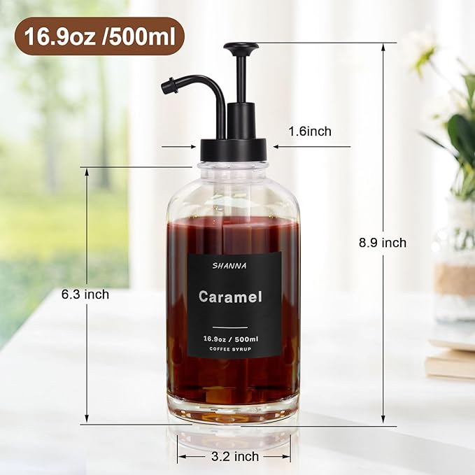 Glass Coffee Dispenser - 16.9oz, Black Scoop, 36 Labels, Bamboo Tray & Pump, 2-Pack