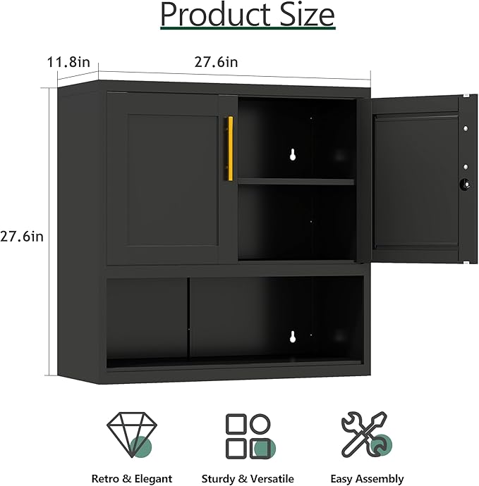 Metal Bathroom Wall Cabinet, 27.5" H Black Bathroom Cabinet Wall Mount with Adjustable Shelf, Over The Toilet Storage Cabinet Medicine Cabinets for Bathroom, Kitchen