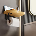 Wall Mounted Toilet Paper Holder with Shelf, Bamboo Wood and Matte Black Metal, 7.08x5.11 Inch Storage Rack for Bathroom