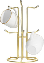 HULISEN Mug Holder for Large Cups, Mug Tree for Counter with 6 Hooks, Metal Coffee Mug Stand for Easy Pick, Place and Display, Coffee Bar Accessories and Decor, Free Standing Mug Rack, Gold