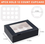 12 Count Cupcake Boxes, 4PCS Cupcake Container with Window, Food Grade Cupcake Holder for Birthday Holiday Party, Bakery Supplies for Cupcakes, Desserts, and More (Black)