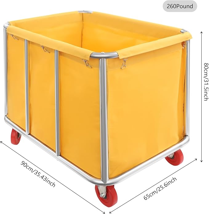 Commercial Laundry Cart with Wheels, 260LBS Laundry Cart Stainless Steel Rolling Laundry Hamper, Laundry Sorter Rolling Cart with Removable Oxford Cloth Bag for Hotel, Home, Hospital (Yellow)