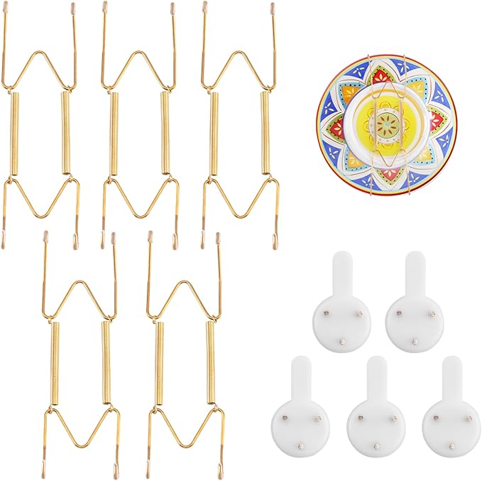5 Pack Plate Hangers for Wall, Suitable for 6-8 inch Art Plate, Stainless Steel Invisible Heavy-Duty Wire Plate Holder with Wall Hooks, Display Hanger for Decorative Plates/Dishes/Platters(Gold)