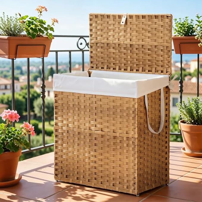 Laundry Hamper with Lid, 90L Foldable Laundry Basket with Removable Liner Bags, Handwoven Synthetic Rattan Clothes Hamper for Bathroom, Bedroom, Laundry Room, Yellow