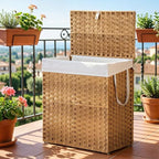 Laundry Hamper with Lid, 90L Foldable Laundry Basket with Removable Liner Bags, Handwoven Synthetic Rattan Clothes Hamper for Bathroom, Bedroom, Laundry Room, Yellow