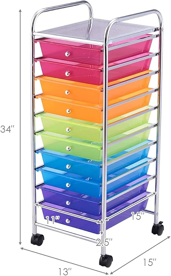 GOFLAME 10-Drawer Rolling Storage Drawer Cart, Utility Cart with Removable Drawers & Metal Frame, Mobile Art Craft Drawer Cart with Lockable Wheels for Home, Office, Studio, School, Rainbow