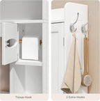Ahomly Over The Toilet Storage Cabinet, 32.3" W x 70.3" H Over Toilet Bathroom Organizer with Doors, Adjustable Shelves, Toilet Paper Holder, 2 Side Hooks, Space-Saver for Bathroom, Laundry, White