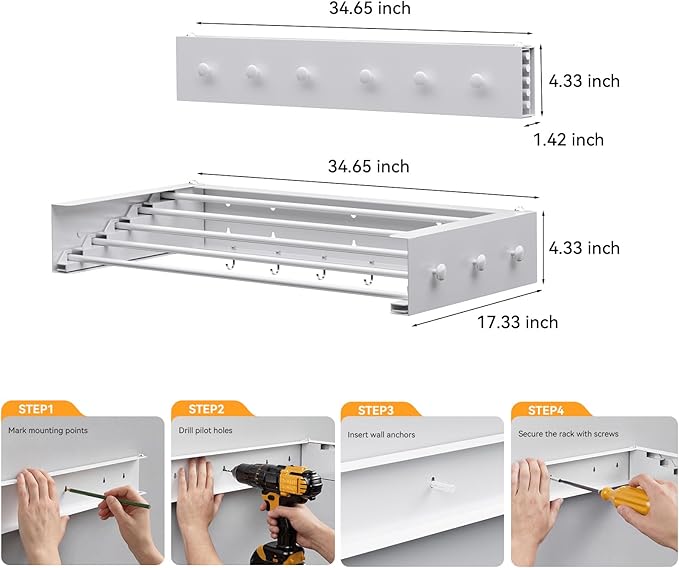 Collapsible Laundry Drying Rack Wall Mounted - 34.65 Inch Metal Clothing Drying Rack with 6+6 Hooks, Retractable Foldable Dryer Racks for Laundry Drying Indoor, Heavy Duty Towel & Coat Hanger