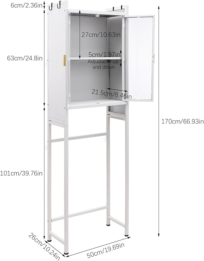 3-Tier Over Toilet Storage Cabinet | Carbon Steel Bathroom Shelf with Adjustable Shelves, 33.07LBS/Tier Load-Bearing - Waterproof PC Door Organizer for Toilet Area (White)