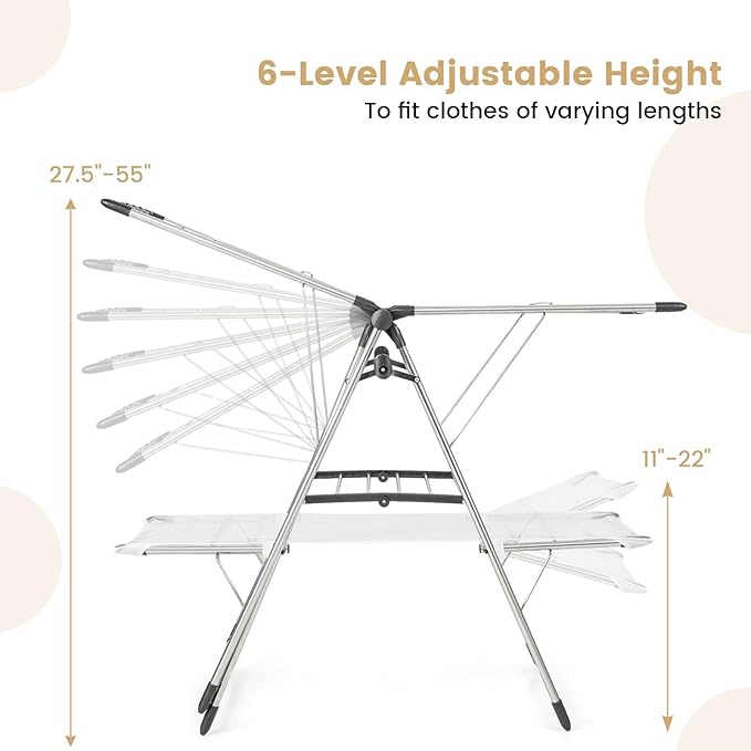Giantex Clothes Drying Rack, Stainless Steel Foldable Laundry Drying Rack with with 6-Level Adjustable Height, High Hanger Design, Side Clips, Space Saving Collapsible Laundry Drying Rack