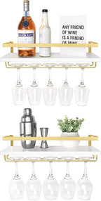 Mkono Wall Mounted Wine Rack Set of 2 White Wood Wine Bottle Glass Holder Floating Shelves with Stemware Hanger Modern Plants Photos Wine Display Storage Holder for Kitchen Dining Room Bar, 17 Inch