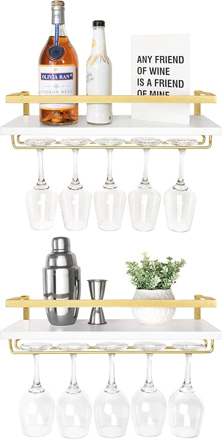 Mkono Wall Mounted Wine Rack Set of 2 White Wood Wine Bottle Glass Holder Floating Shelves with Stemware Hanger Modern Plants Photos Wine Display Storage Holder for Kitchen Dining Room Bar, 17 Inch