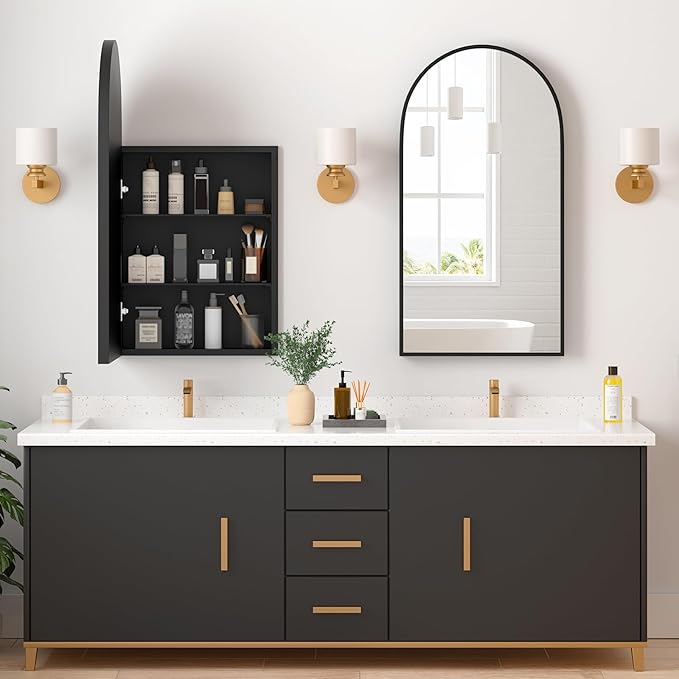 Medicine Cabinets for Bathroom, Black Arched Medicine Cabinet Recessed or Surface Wall-Mounted,Modern Bathroom Vanity Mirror with Storage, Mirrored Cabinet with Adjustable Shelves,16x31 Inch