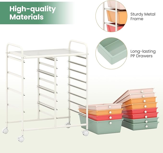 RELAX4LIFE 12-Drawer Rolling Storage Cart - Mobile Utility Drawer Carts with Wheels, Craft Organizers Cart for Classroom Organization and Storage, Home, School, Office