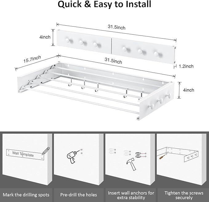 Drying Rack Clothing,Clothes Drying Rack Wall Mounted,Laundry Drying Rack Wall Mount,Foldable,Collapsible,60 lb Capacity 5 Aluminium Poles with 6 Hooks (White, 31" Upgrade)